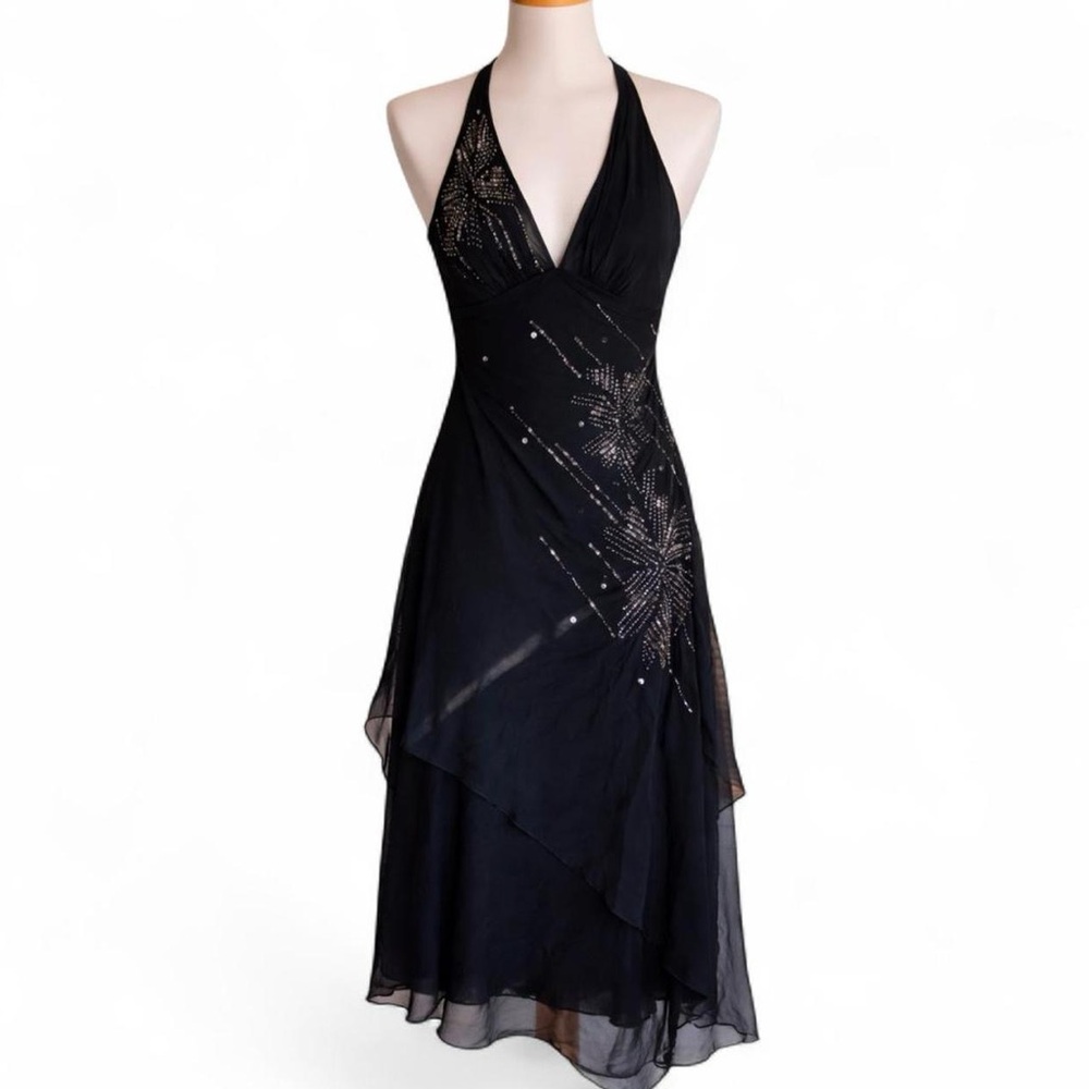 Y2k BCBG black silk beaded midi dress